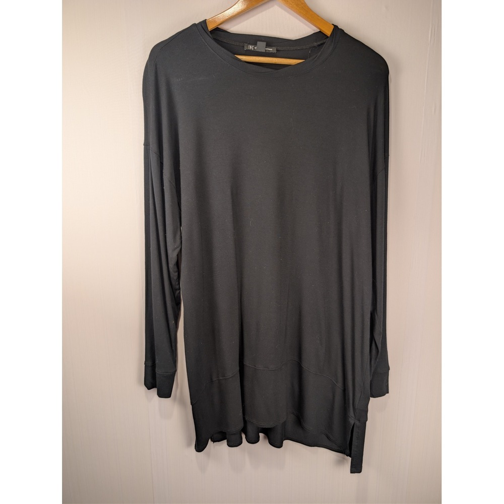 INC International Concepts Womens Black Long Sleeve Tunic Top Large Crew Neck